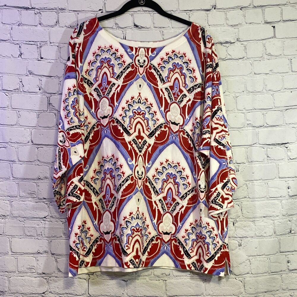 Chico's 3/4 Sleeve Tunic Shirt Size 3 (XL/16) Multicolored Rayon/Nylon Blend